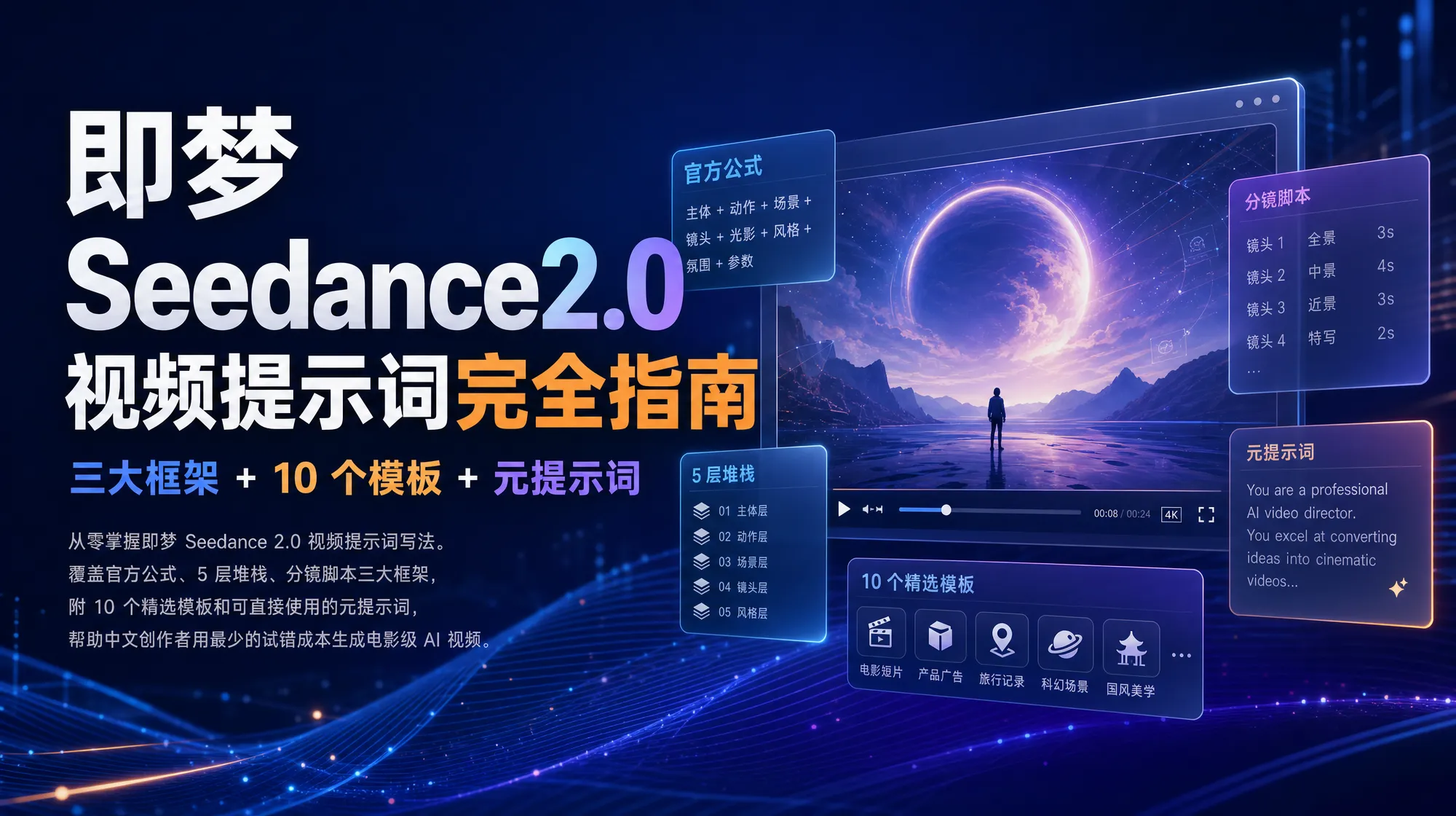即梦 Seedance 2.0 视频提示词完全指南封面图：八层统一框架、十个精选模板和元提示词覆盖从单镜头到多镜头叙事
