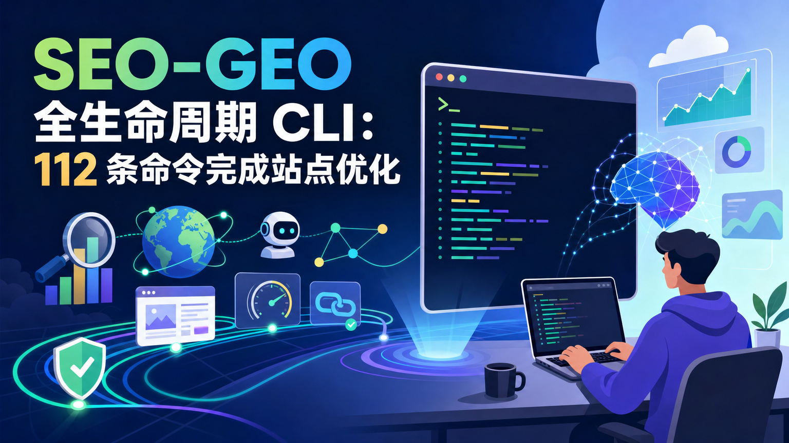 SEO工具实战封面，展示网站SEO诊断、GEO优化、AI搜索优化和站点命令行工具的连接关系
