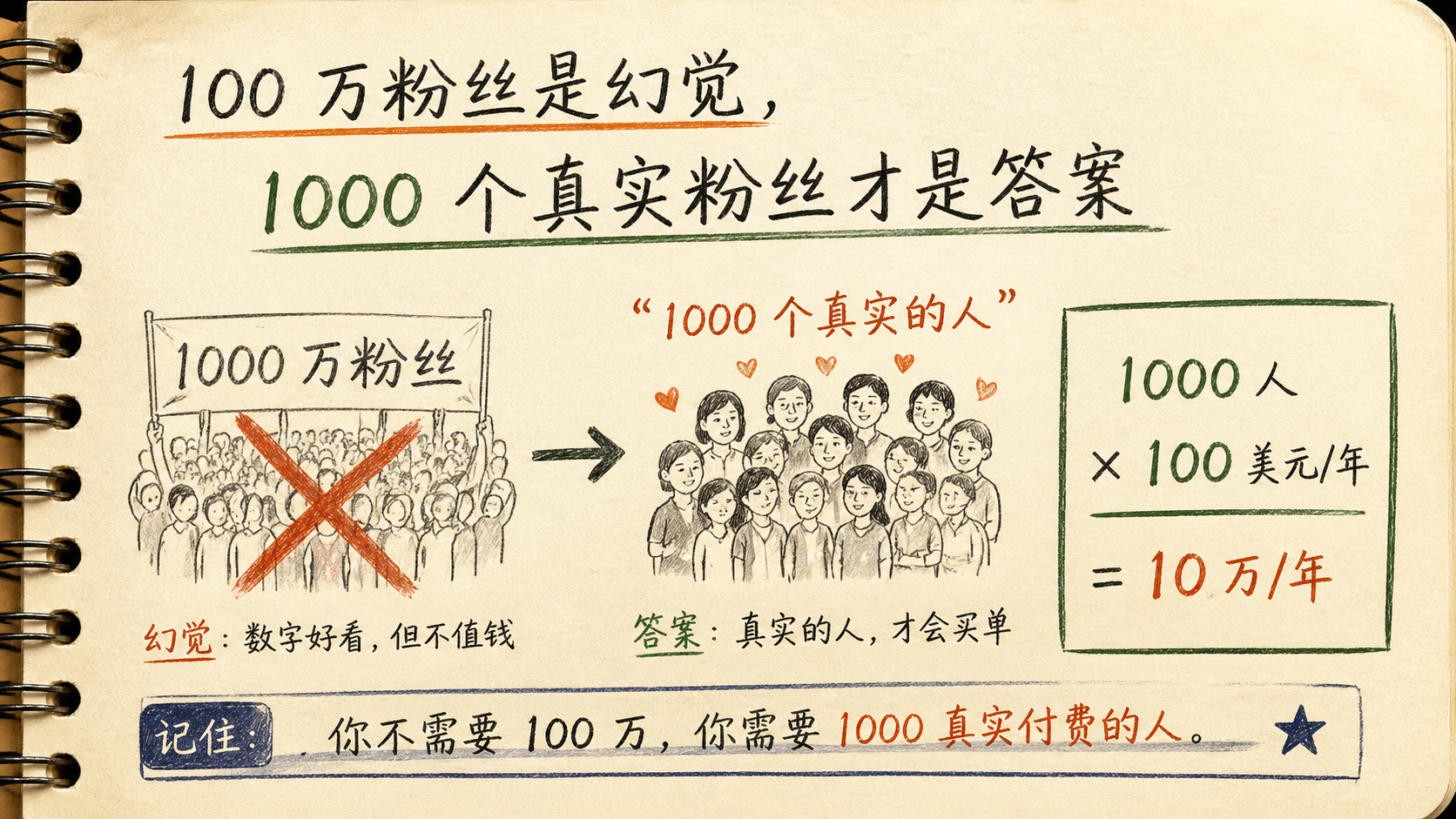 100 万泛流量与 1000 个真实粉丝的对比：小而稳定的信任关系更适合普通人起步