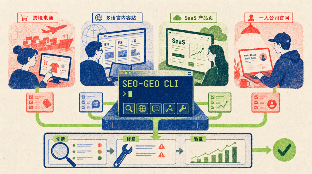 跨境电商、内容站、SaaS 和一人公司四类场景共用 SEO 自动化工具链