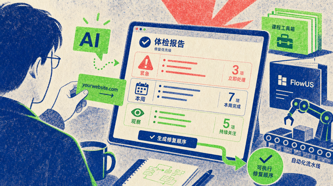 用户把官网网址交给 AI 体检,CLI 输出问题优先级和修复路径