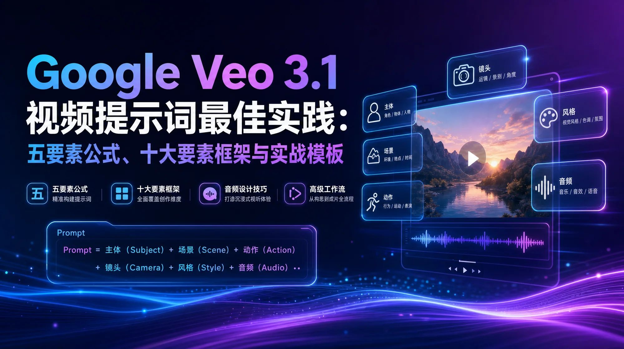 Google Veo 3.1 视频提示词完全指南封面图，展示 AI 视频生成的提示词结构与电影级画面效果