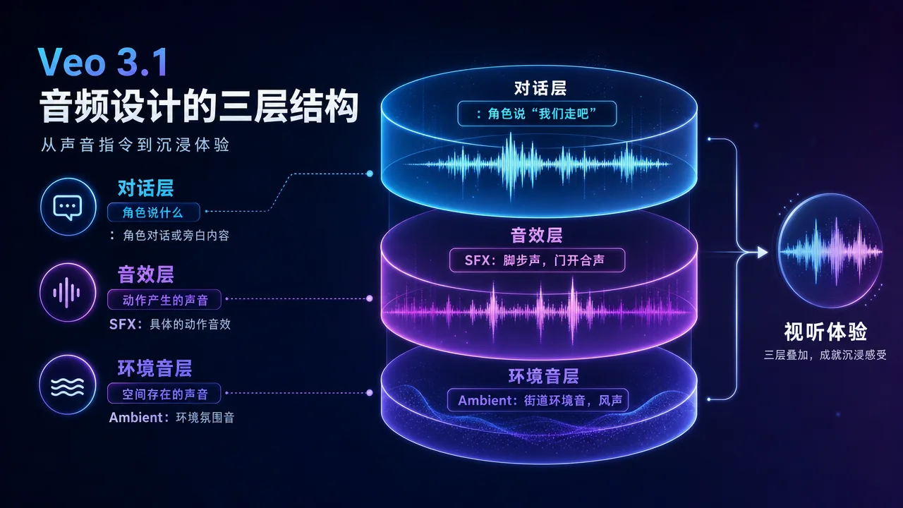 Veo 3.1 音频设计三层结构图,展示对话层冒号格式、音效层 SFX 前缀和环境音层 Ambient 前缀的层级关系