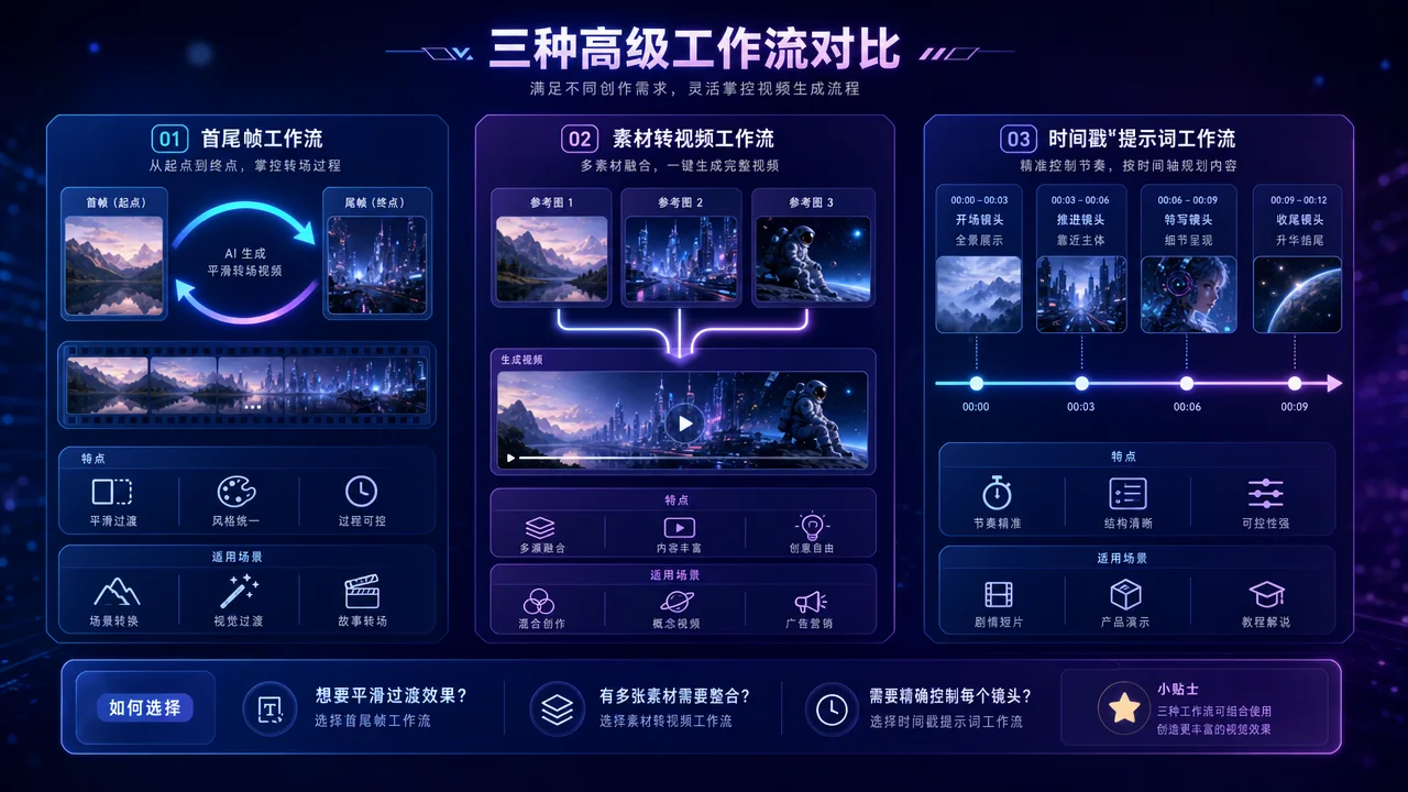 Veo 3.1 三种高级工作流对比图,展示首尾帧转场、素材转视频和时间戳提示词的适用场景与操作流程差异