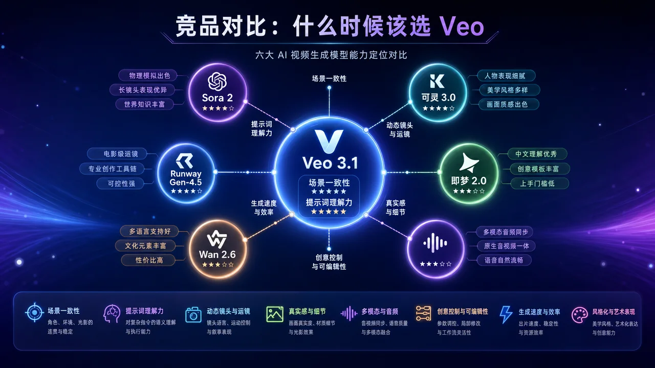 六大 AI 视频生成模型竞品定位对比图,展示 Veo、Sora、可灵、即梦、Runway 和 Wan 在核心能力维度上的差异分布