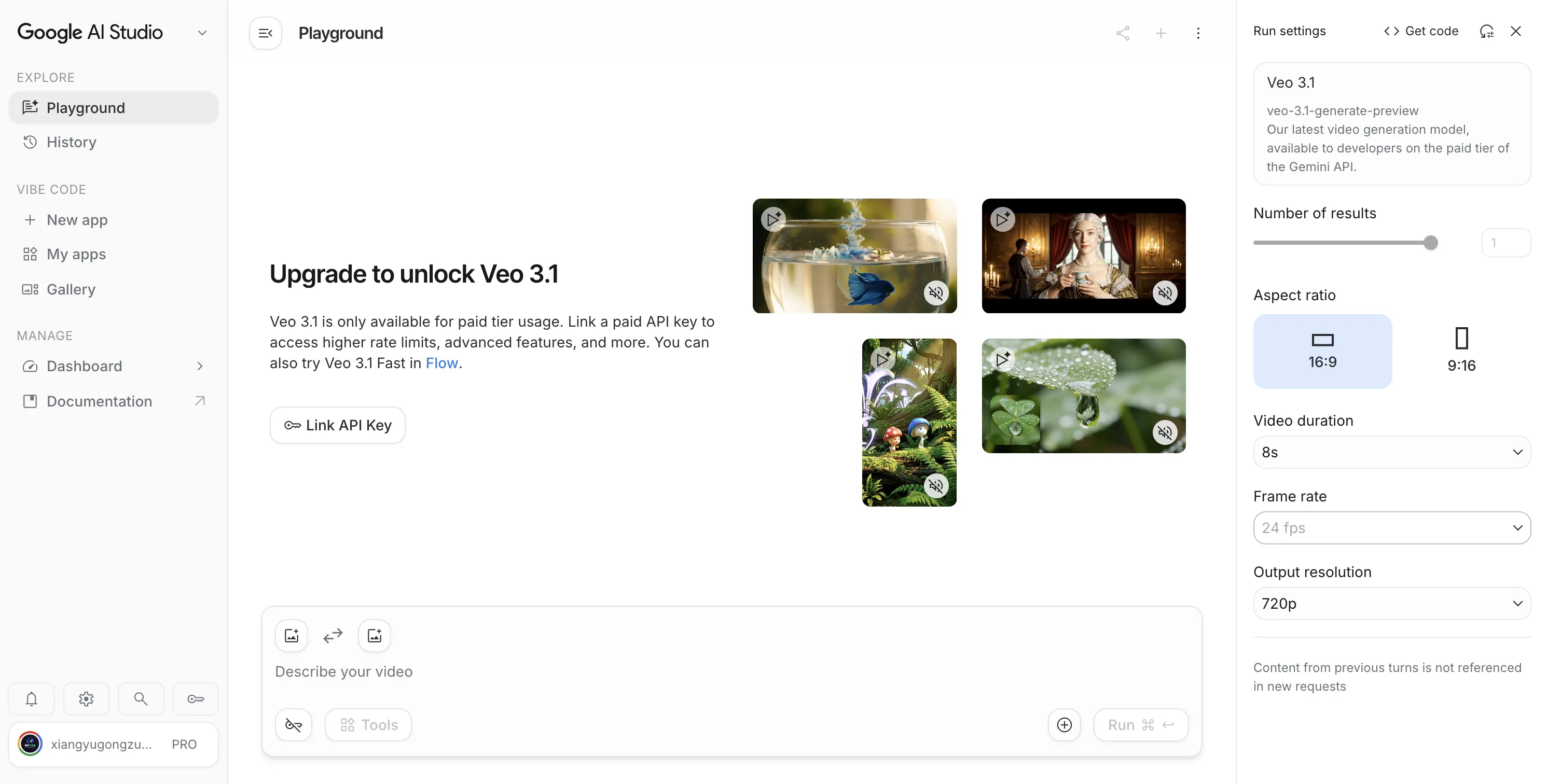 Google AI Studio 中 Veo 3.1 视频生成界面,展示模型选择、示例视频预览、提示词输入区和右侧参数设置面板(画面比例、时长、帧率、分辨率)