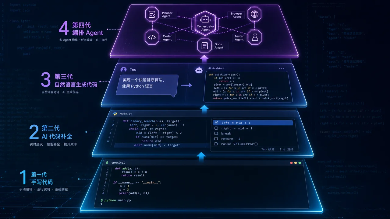 AI 编程四代进化谱系:从传统手写代码到 AI 补全、Vibe Coding 再到 Agent 编排的递进层级