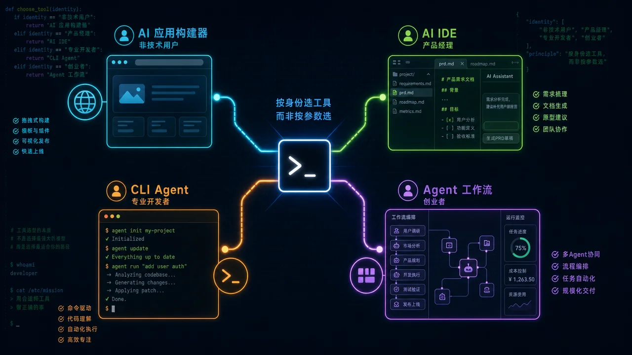 2026 AI 编程工具选型路径图:按用户身份从应用构建器、AI IDE、CLI Agent 到 Agent 工作流编排四条路线