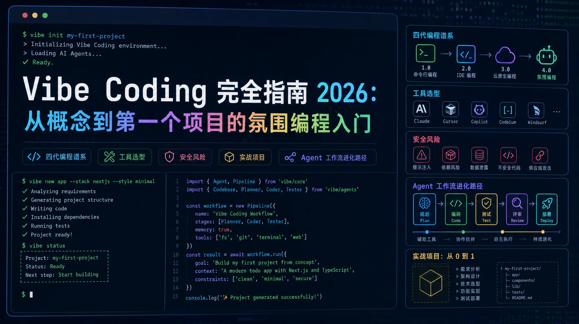 Vibe Coding 完全指南 2026 封面：深蓝终端背景上展示氛围编程从概念到 Agent 工作流的完整知识图谱