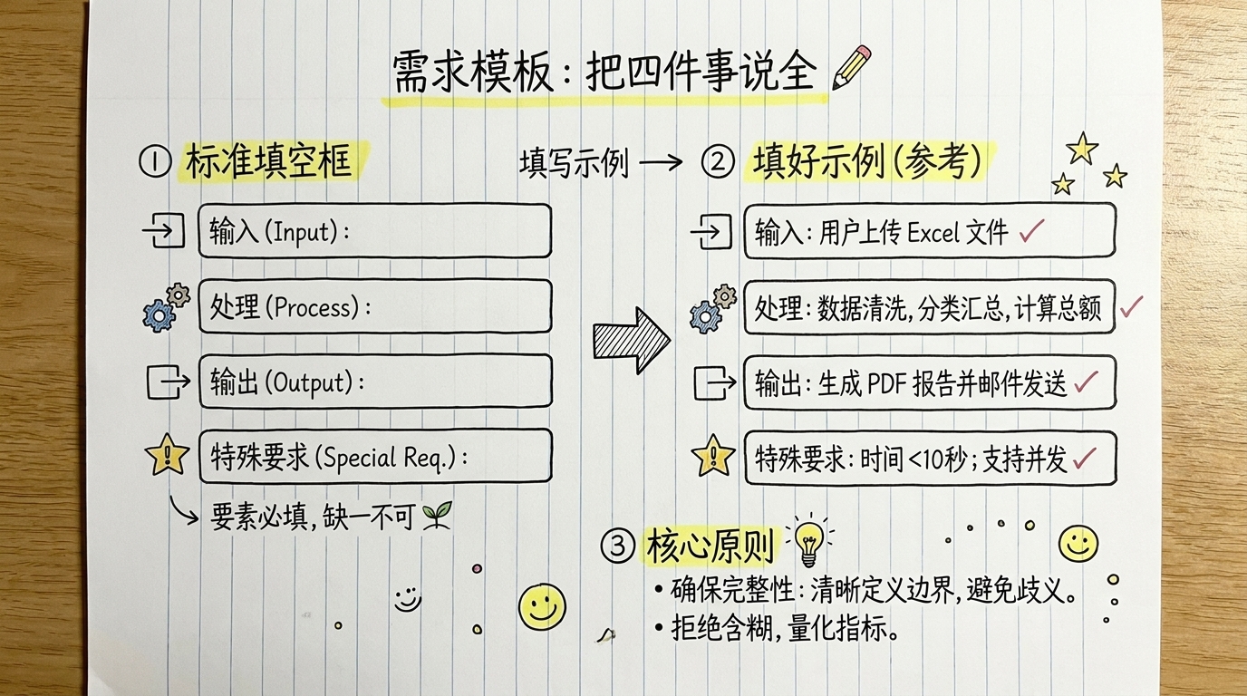 vibe coding 可照抄需求模板:输入处理输出特殊要求四要素