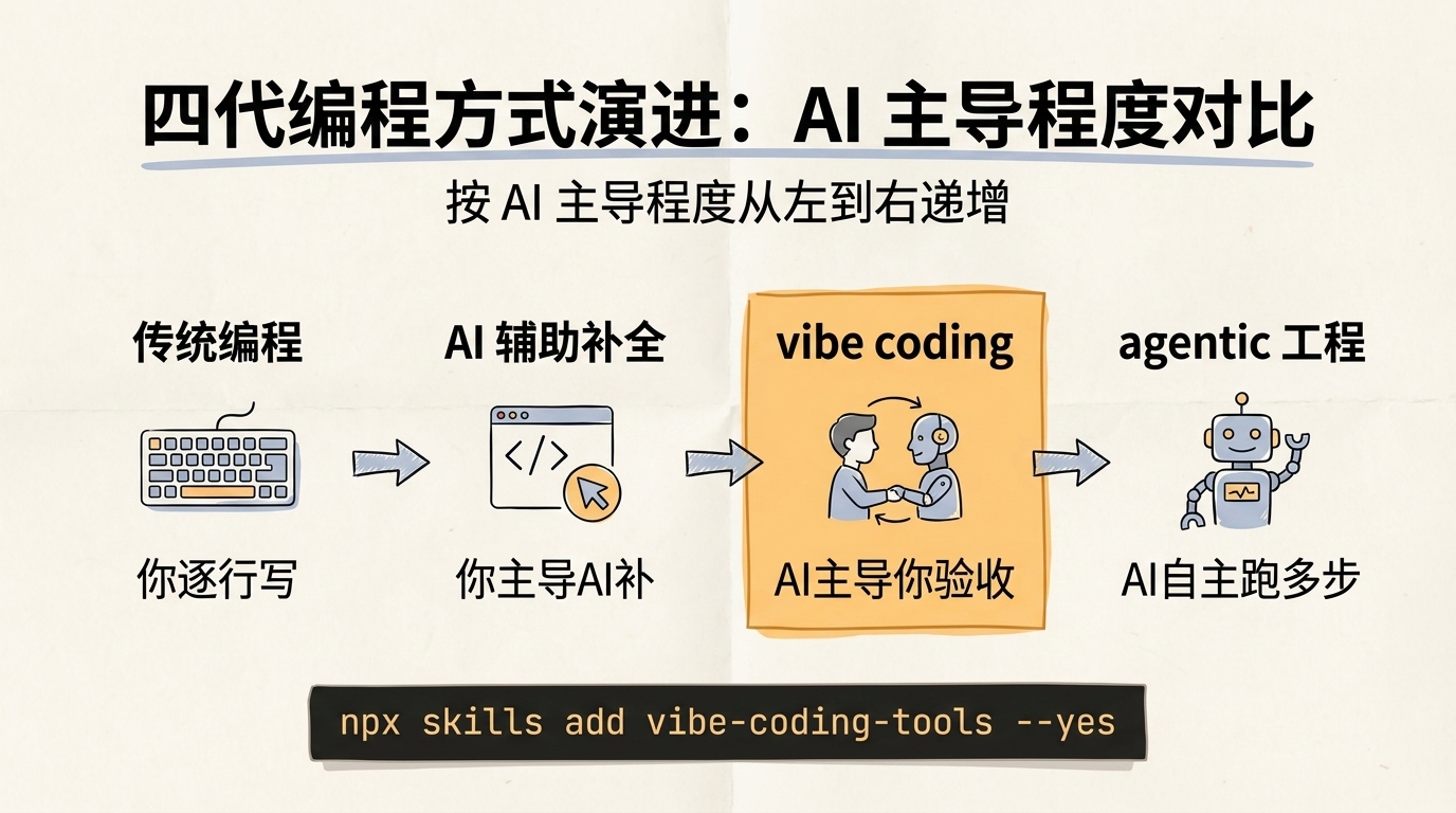四代编程方式谱系对比图:传统编程、AI 辅助补全、vibe coding、agentic 工程按 AI 主导程度递增