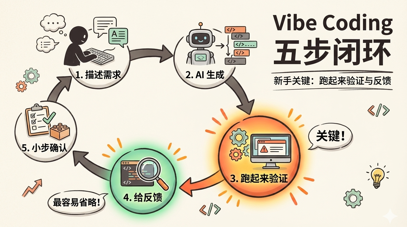 vibe coding 五步工作循环图:描述需求、AI 生成、跑起来验证、给反馈、小步确认