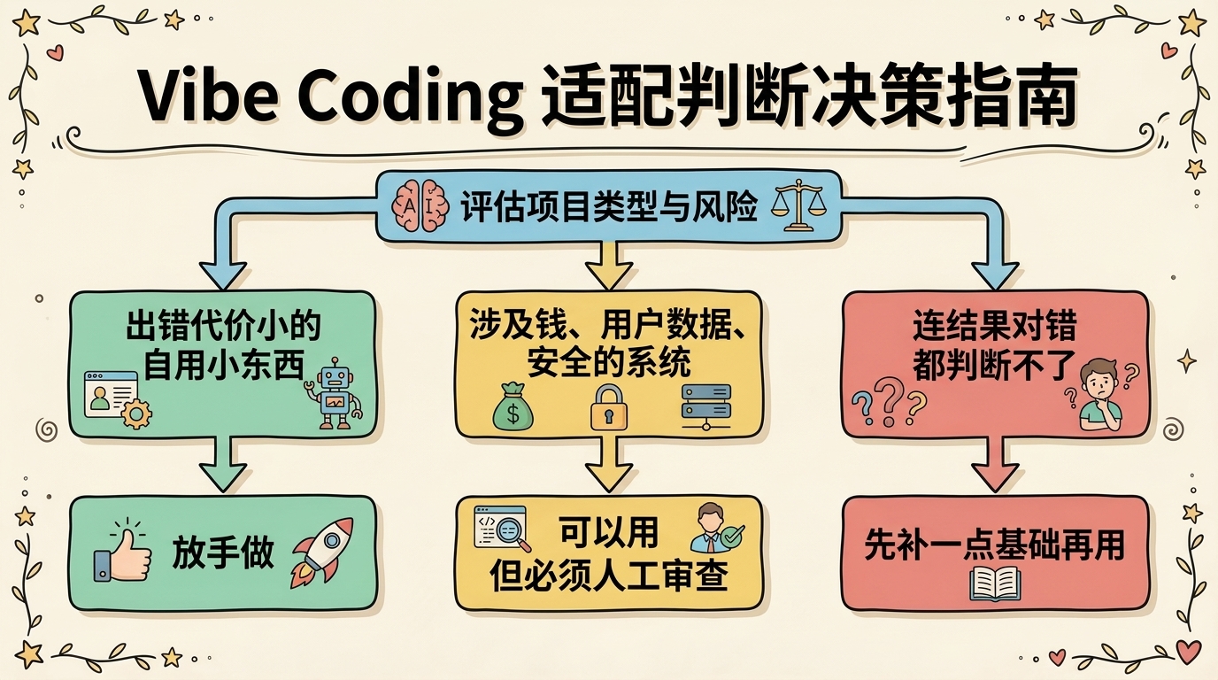 vibe coding 适配决策图:出错代价小放手做、涉及钱与数据与安全须人工审查、判断不了先补基础