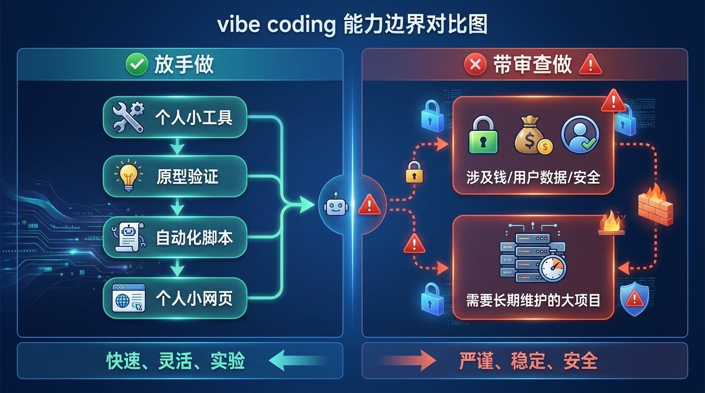 vibe coding 能力边界对比图:放手做(小工具、原型、脚本、小网页)对比带审查做(涉及钱、数据、安全、长期维护)