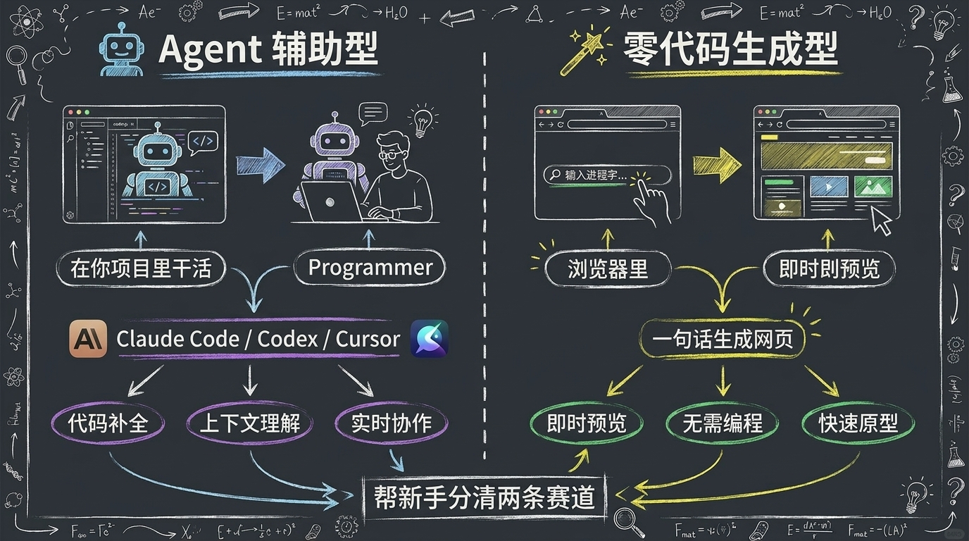 vibe coding 工具两条赛道：Agent 辅助型对比零代码生成型