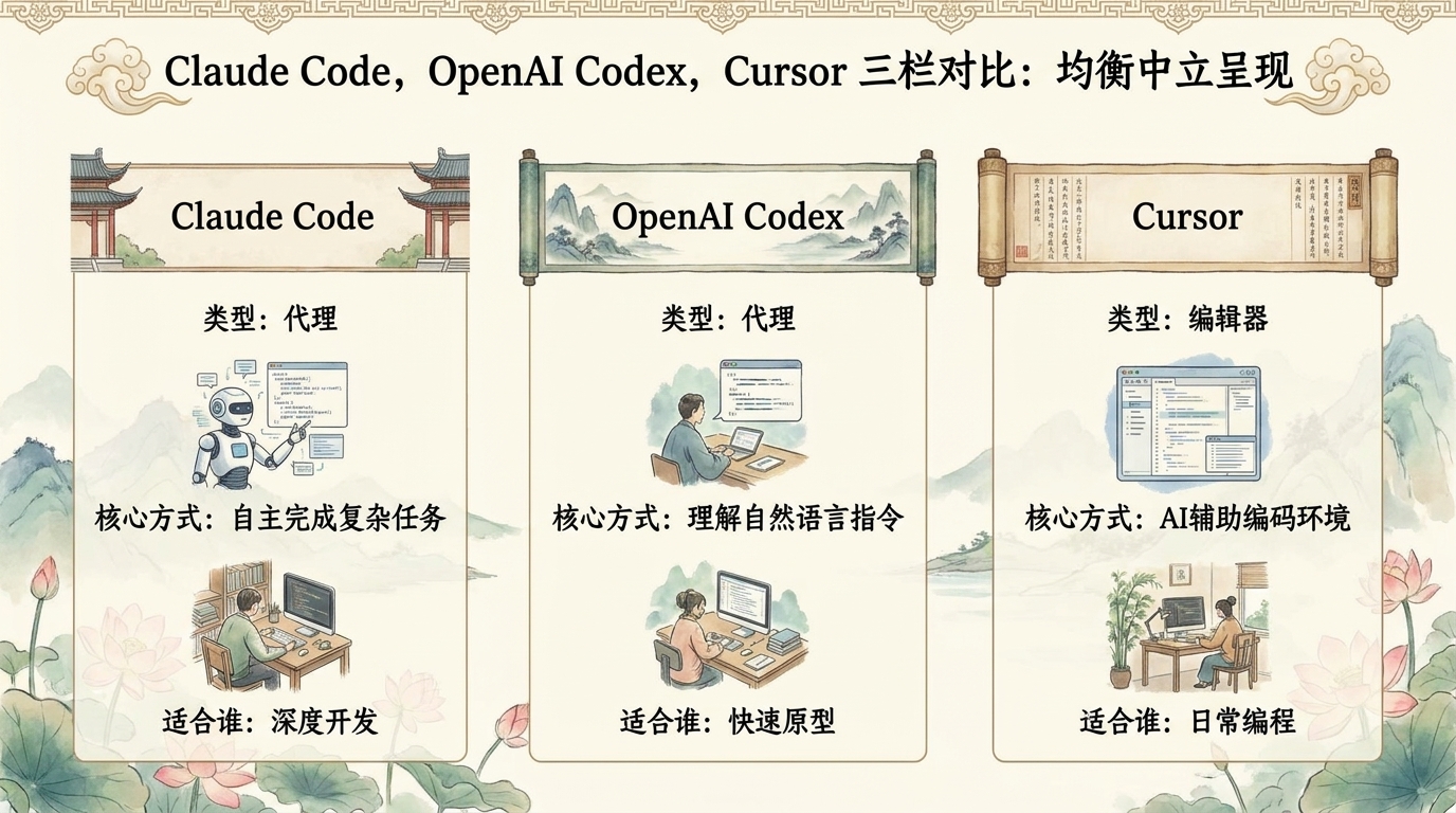 Claude Code、OpenAI Codex、Cursor 三大代表对比图