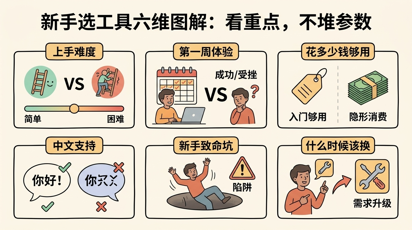 新手选 AI 编程工具该看的六个维度图
