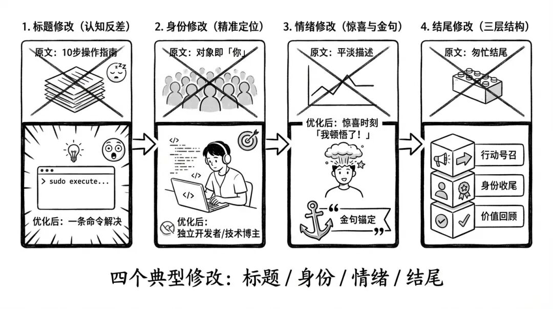 四个典型修改：标题 / 身份 / 情绪 / 结尾