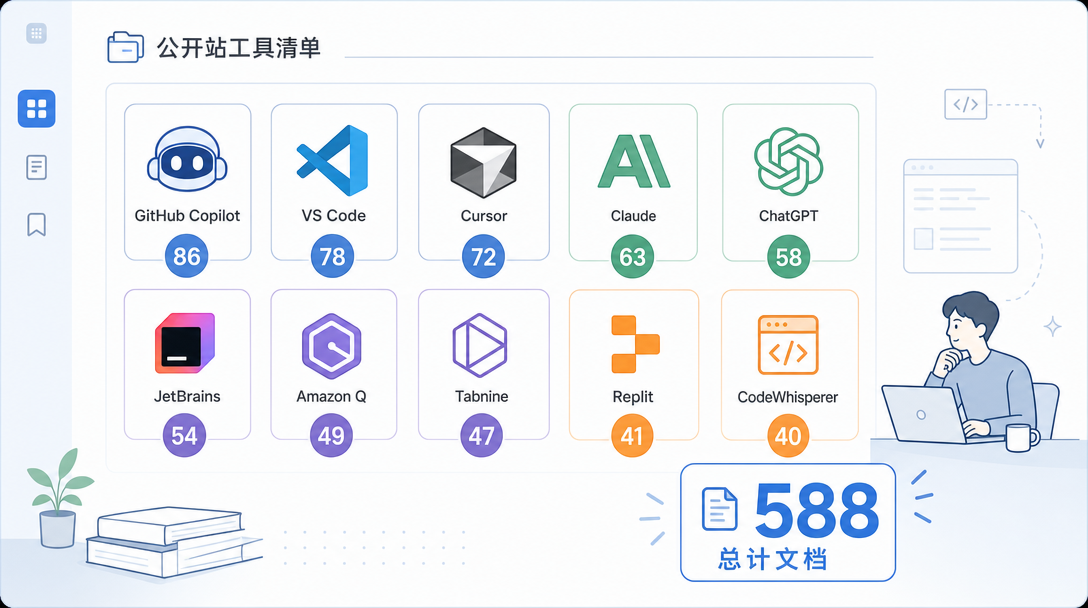 2×5 工具图标网格，每格图标下挂数字徽章代表篇数，右下角浮起加粗『588』总和徽章