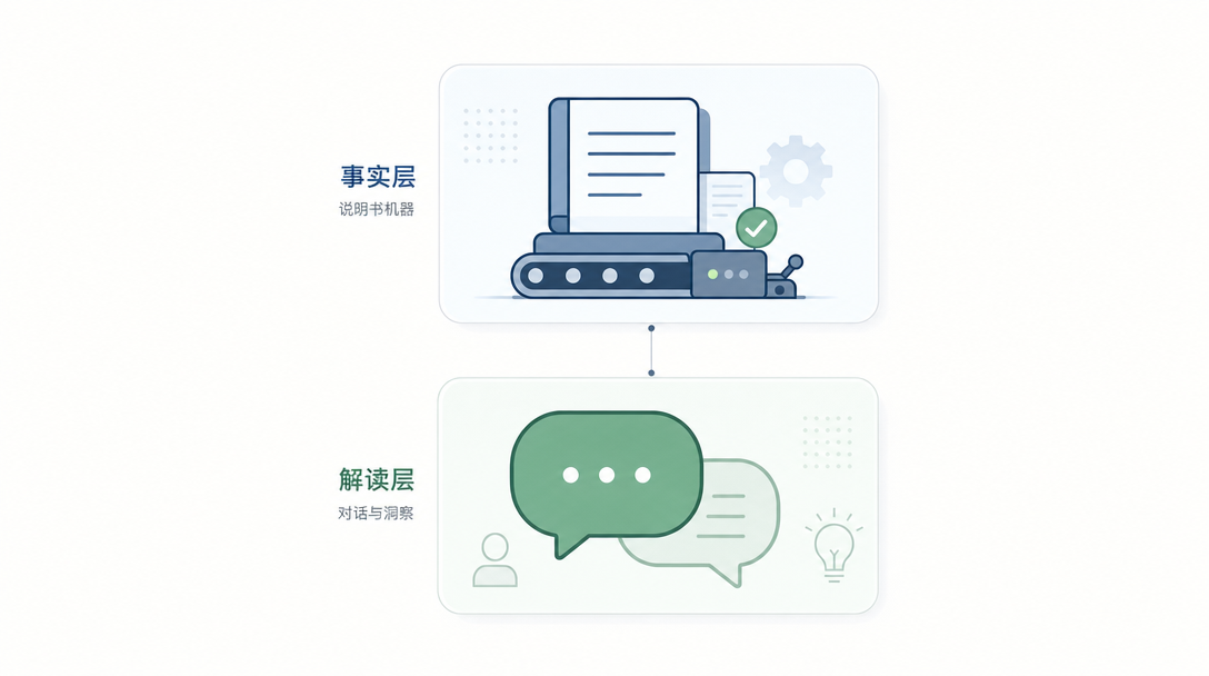 上下两枚图标卡片：上层说明书机器图标，下层一对聊天气泡，两层用细线相连
