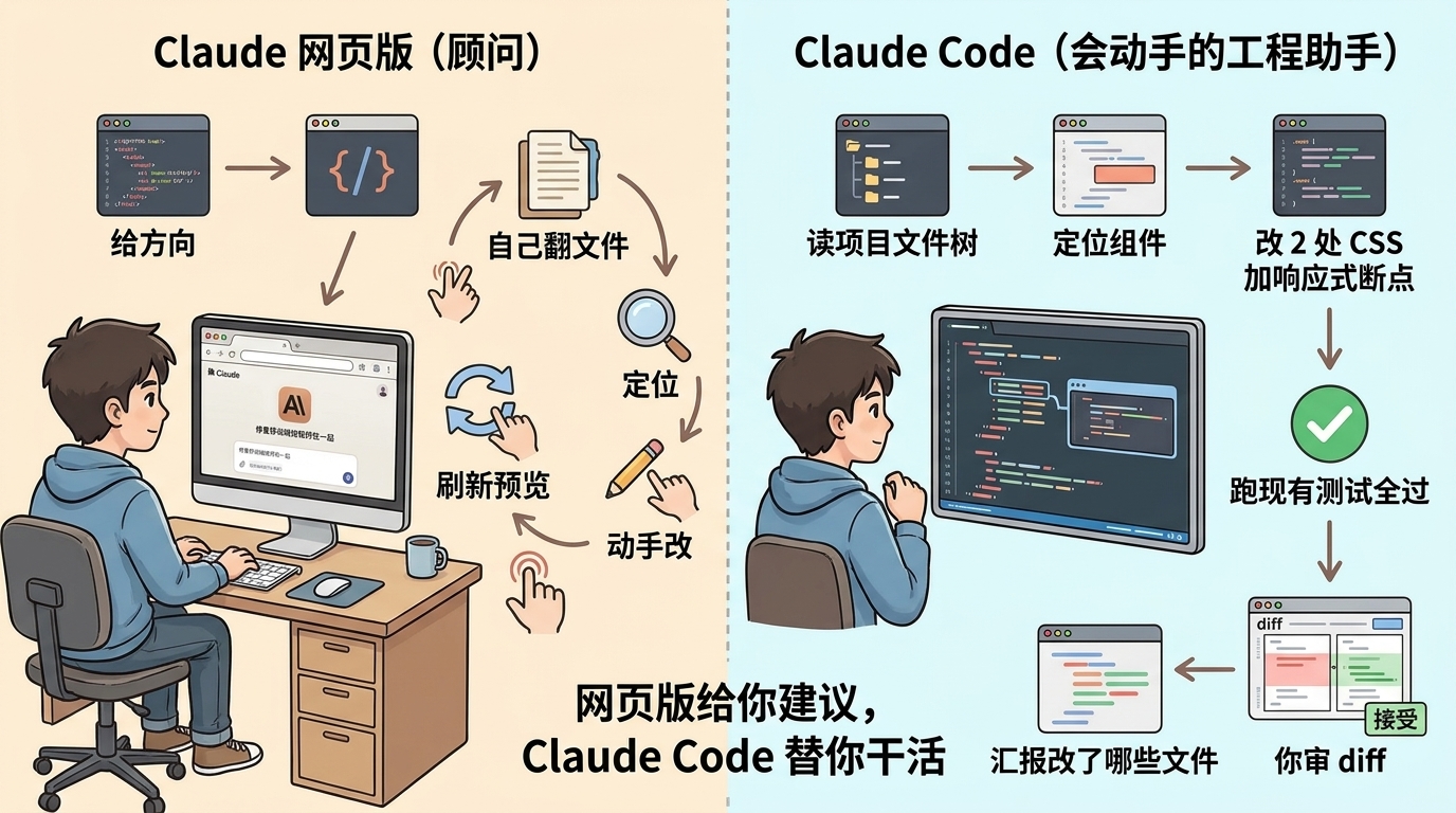 Claude 网页版只给建议你自己动手，Claude Code 进项目改文件跑命令你只审 diff 的对比