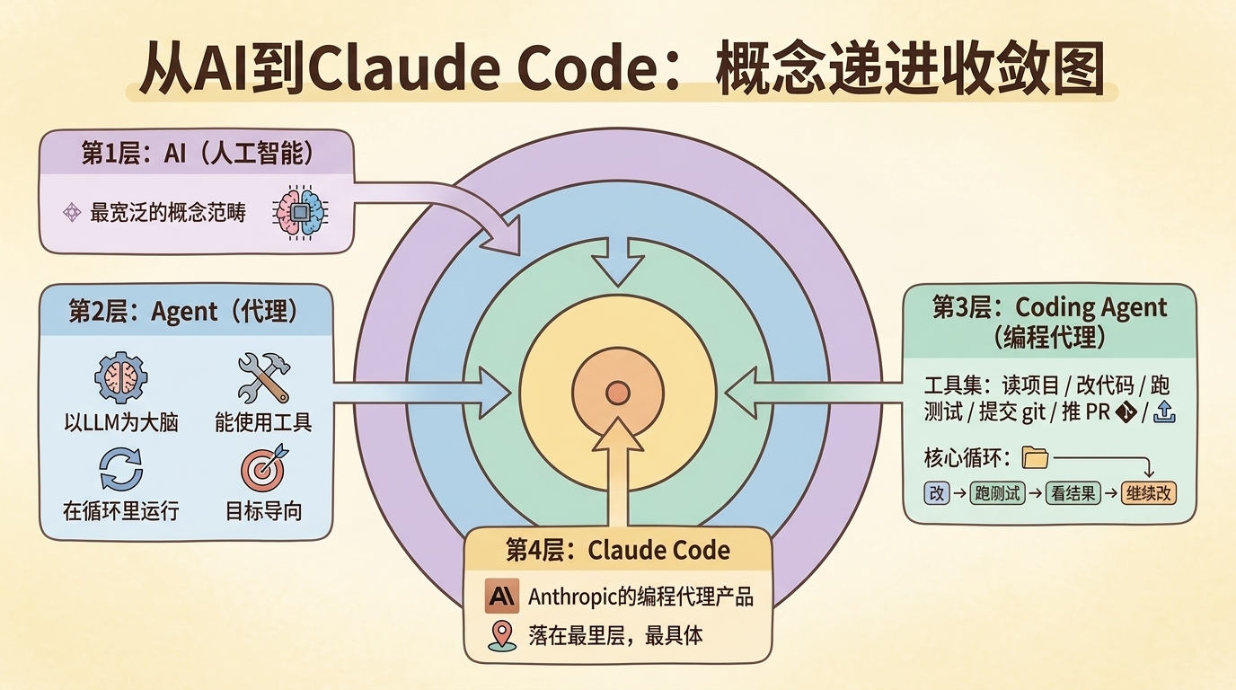 AI 到 Agent 到 Coding Agent 再到 Claude Code 的四层概念递进图