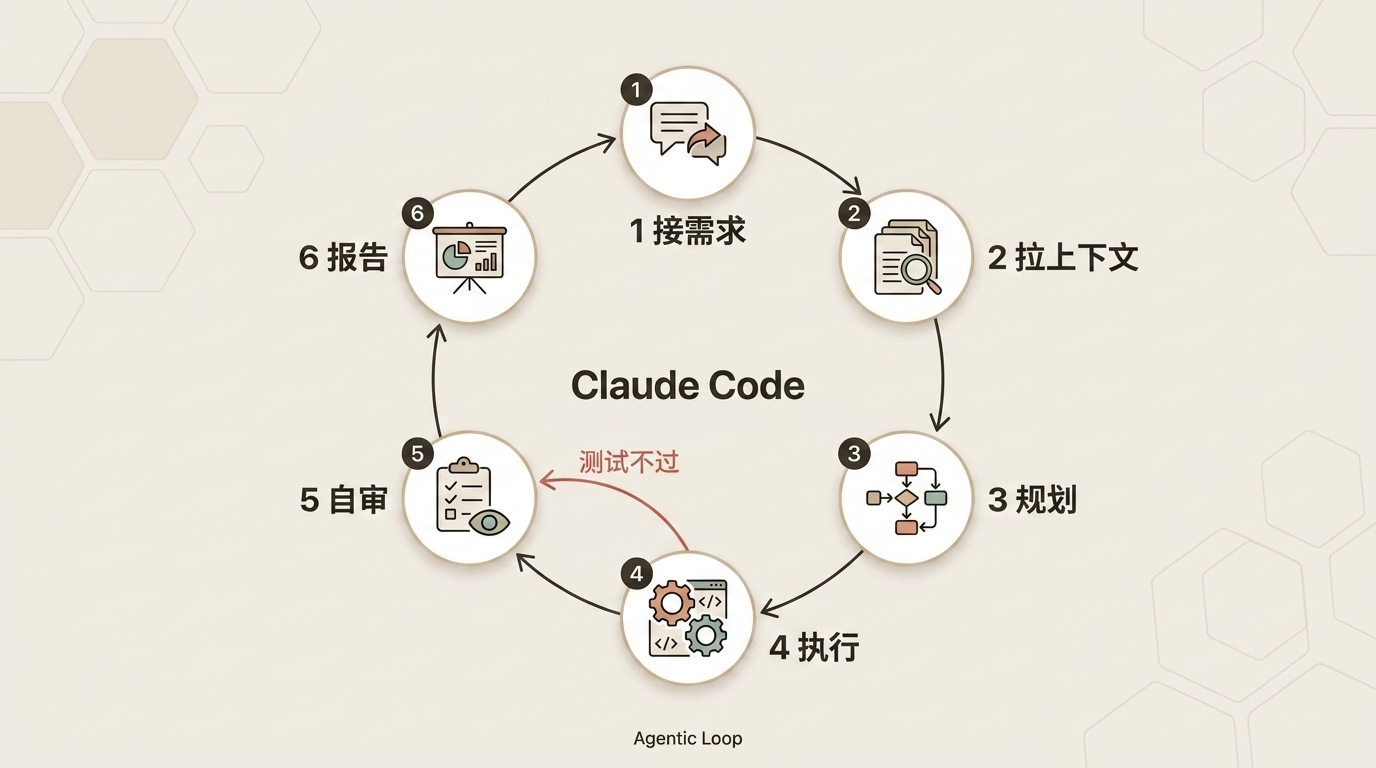 Claude Code 接需求到报告的 6 步工作流程图，含自审不过关回退继续改的循环
