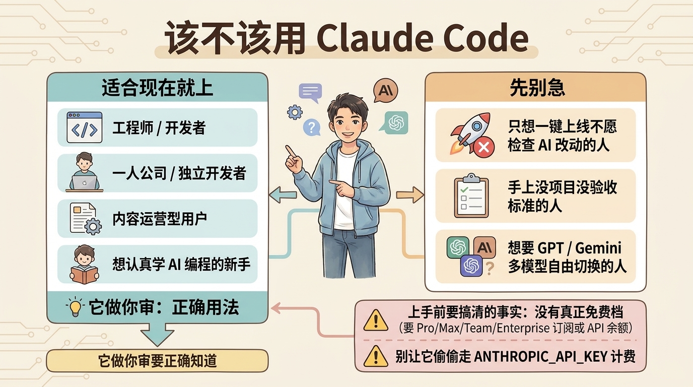 Claude Code 适合谁与先别急两类人对照决策卡，含付费与 API 计费两条提醒