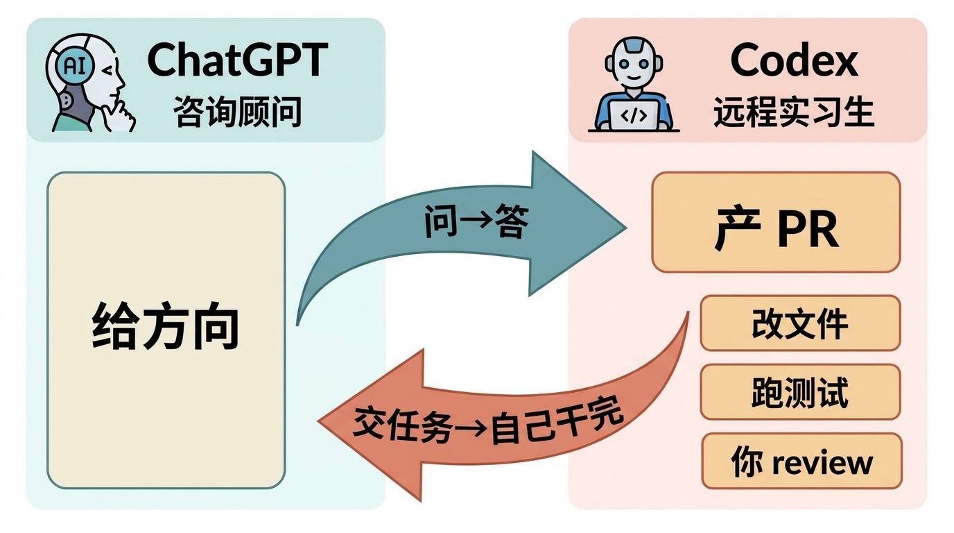 ChatGPT 给方向你自己干、Codex 自己改文件跑测试产 PR 的两栏对照图