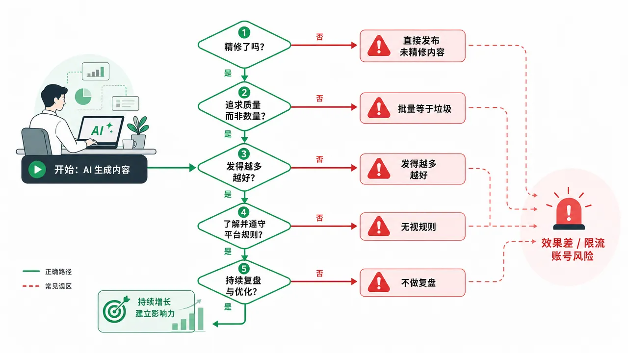 AI 运营常见误区决策图,正确路径与错误岔路用警告标记区分