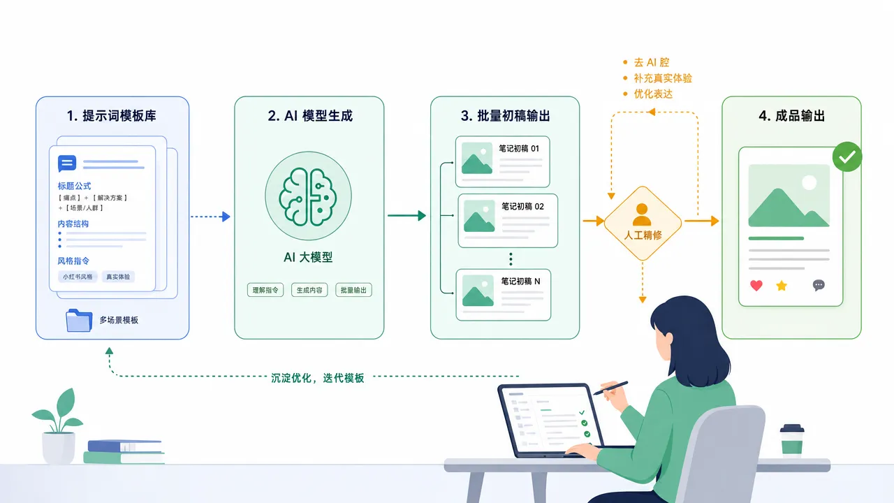 AI 批量创作小红书笔记的工作流程图,从提示词模板到初稿再到精修成品