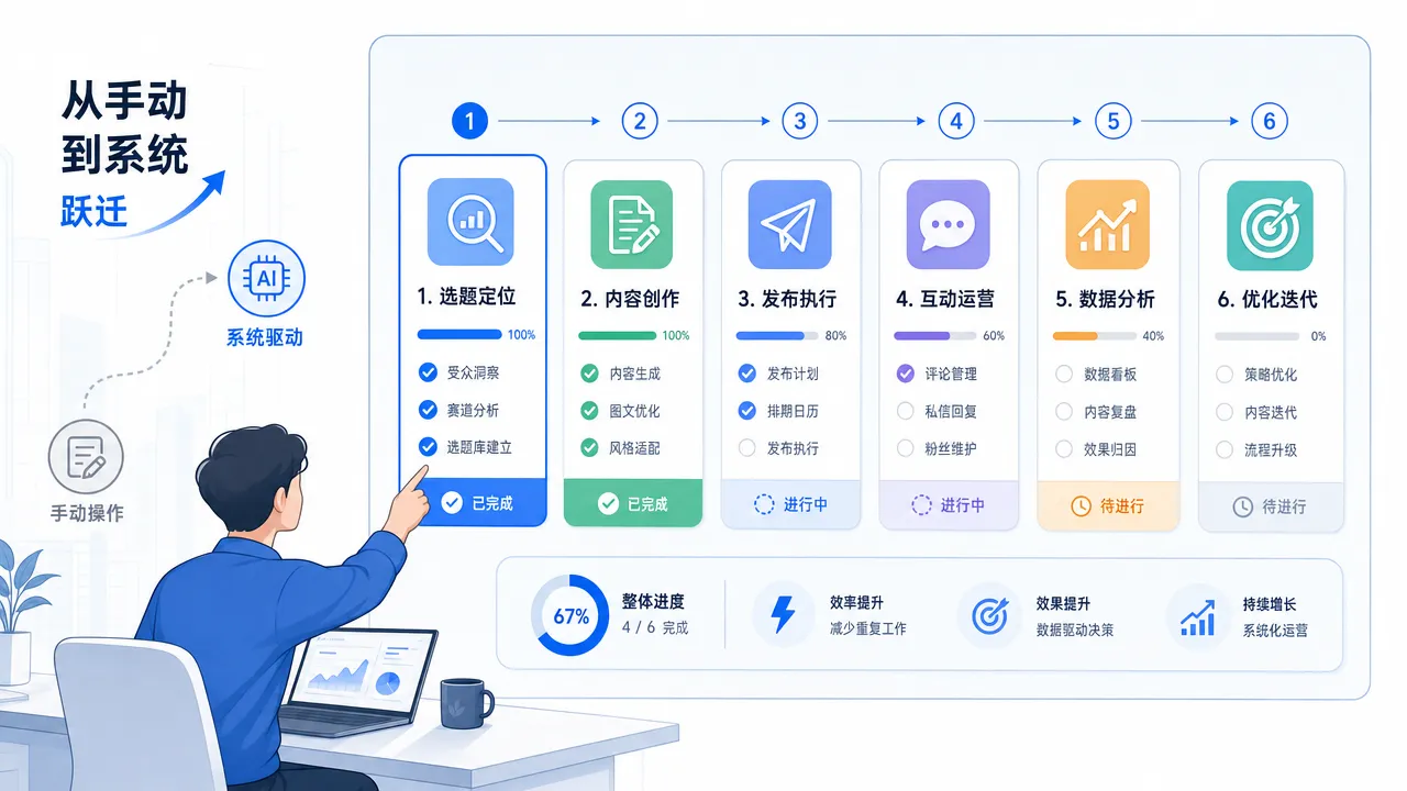 小红书 AI 运营检查清单可视化,六模块检查卡片矩阵