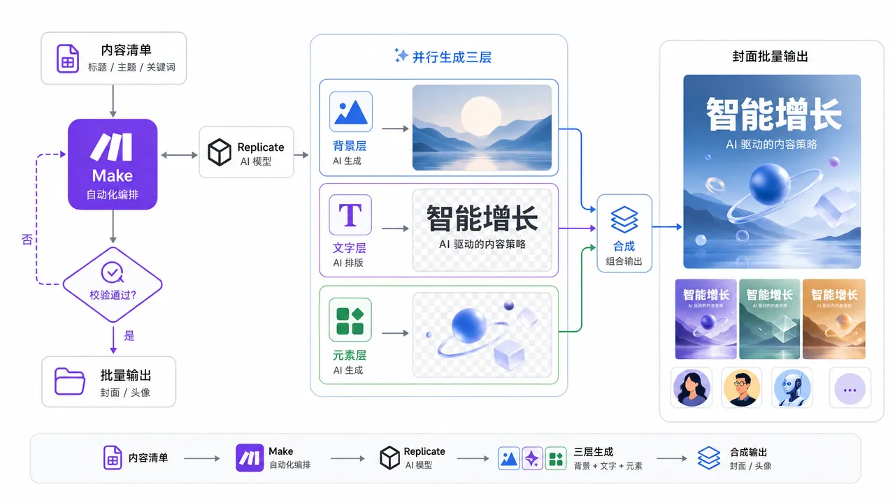 视觉素材自动化管道流程图,展示封面三层结构批量组合生成