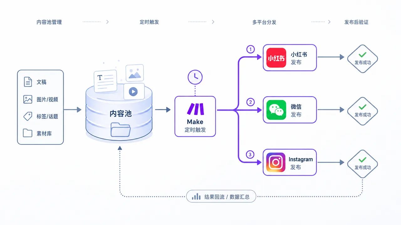 跨平台内容分发流程图,中心内容池向小红书微信 Instagram 三路径分叉