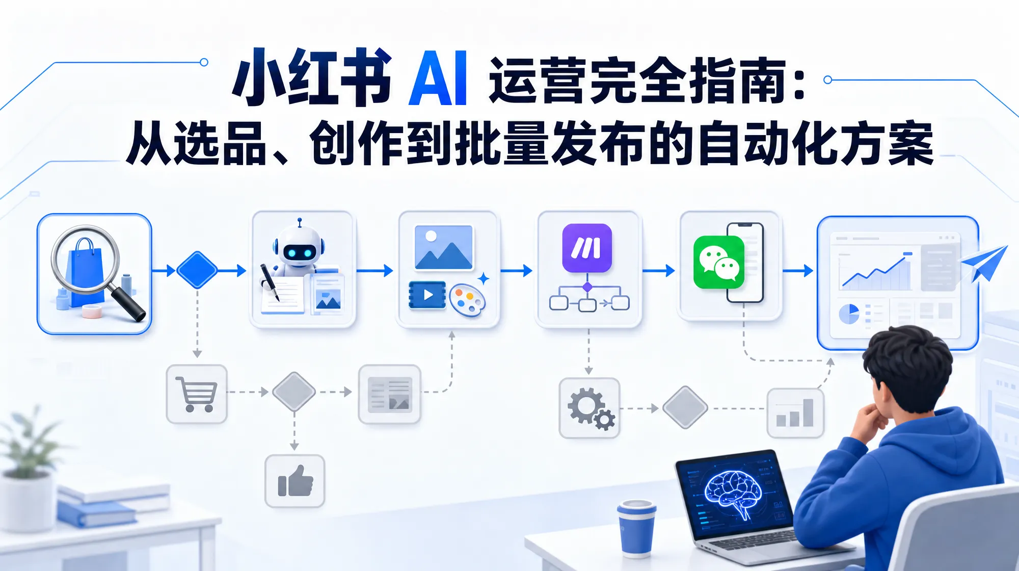 小红书 AI 运营完全指南封面，流程图风格呈现选品到批量发布的五环节运营链路
