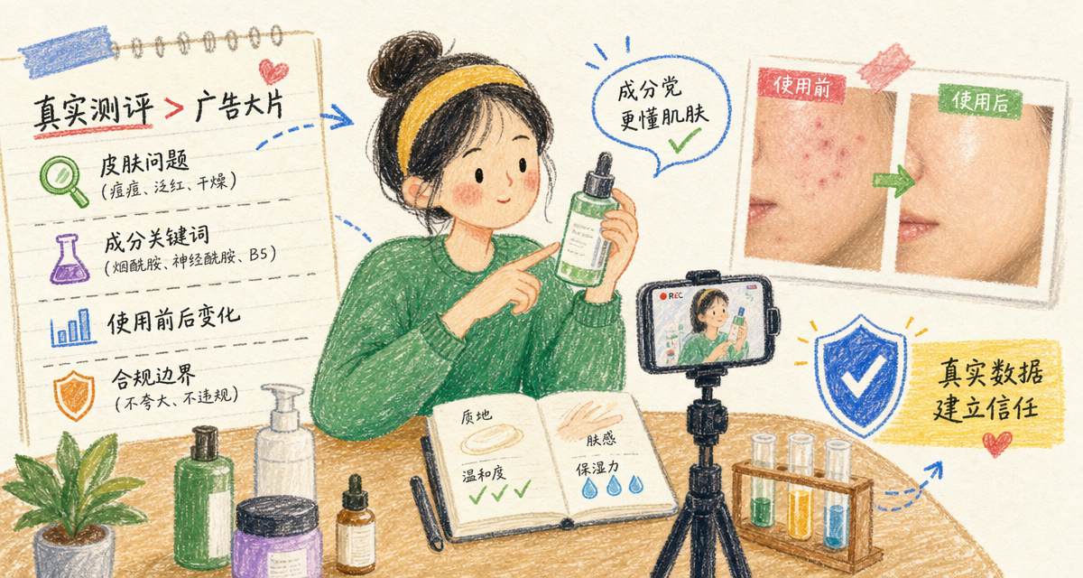 手绘美妆测评台展示成分分析、皮肤问题和真实使用反馈