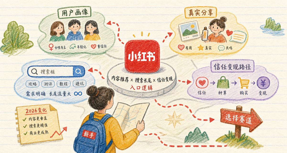 手绘平台地图展示小红书用户画像、搜索长尾、真实分享和信任变现逻辑