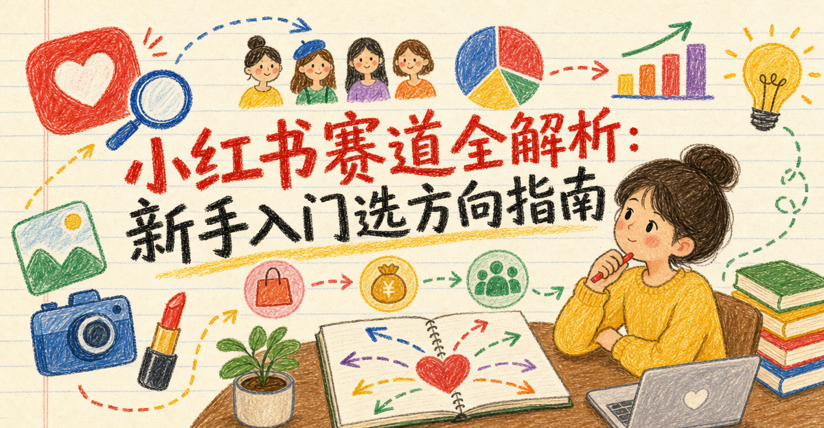 小红书赛道选择指南封面插画，手绘地图呈现十大赛道与新手决策路径
