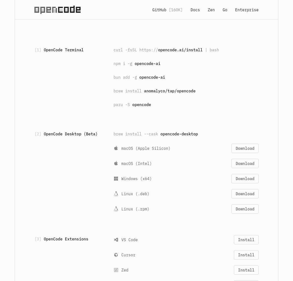 OpenCode 下载页:对着你的系统点 Download
